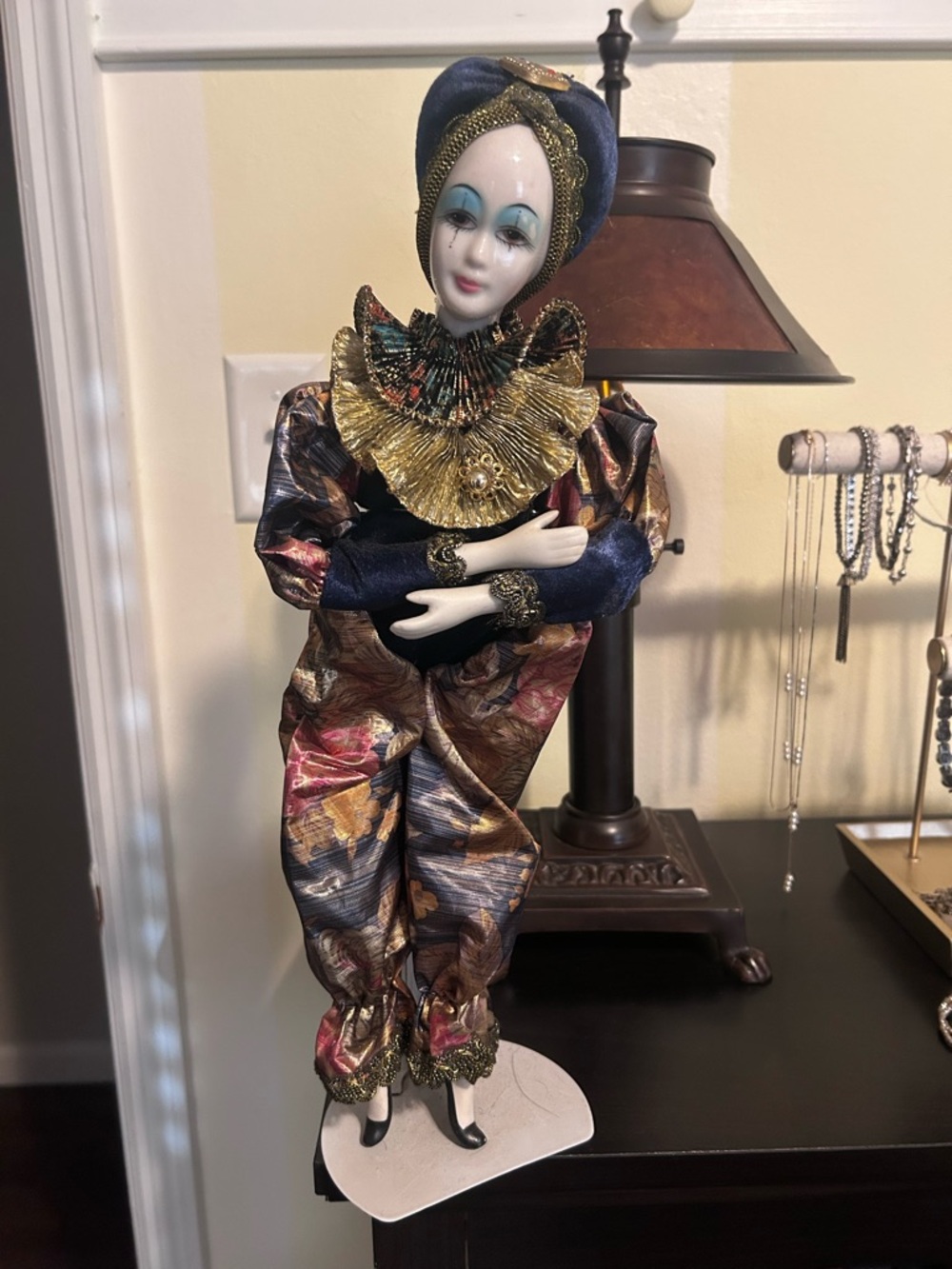 Vintage Porcelain Clown Perriot Doll Dances with Music Box